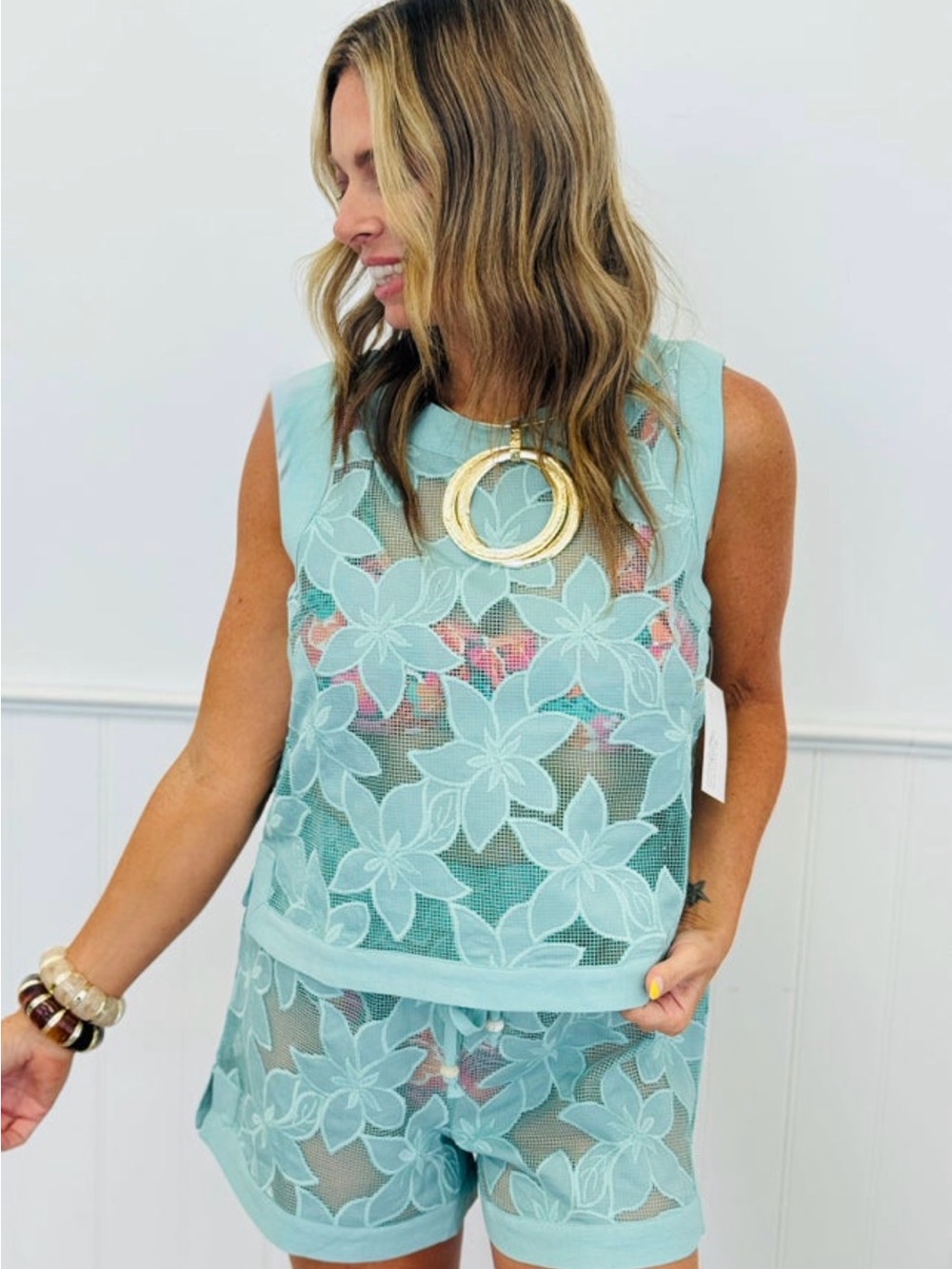 Sleeveless Mint Floral Mesh Top and short set Lightweight Summer Layer NWT
